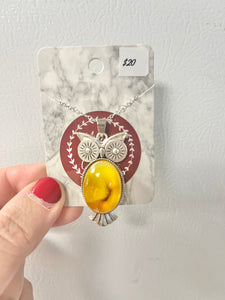 Yellow and silver owl pendant necklace