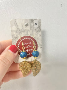 Blue and gold glitter leaf and bead earrings