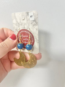 Blue and gold glitter moon and bead earrings