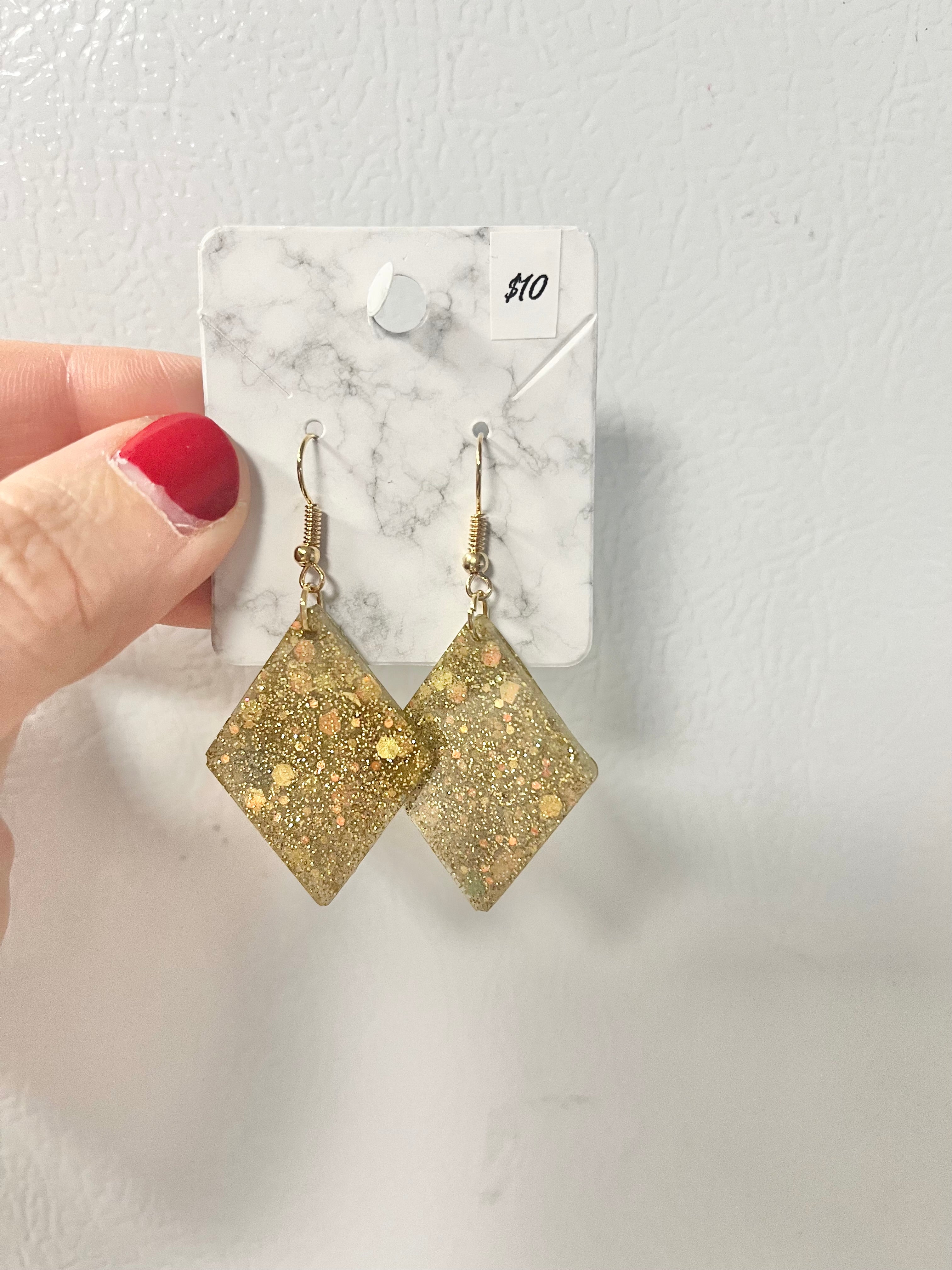 Antique gold holographic glitter diamond-shaped earrings