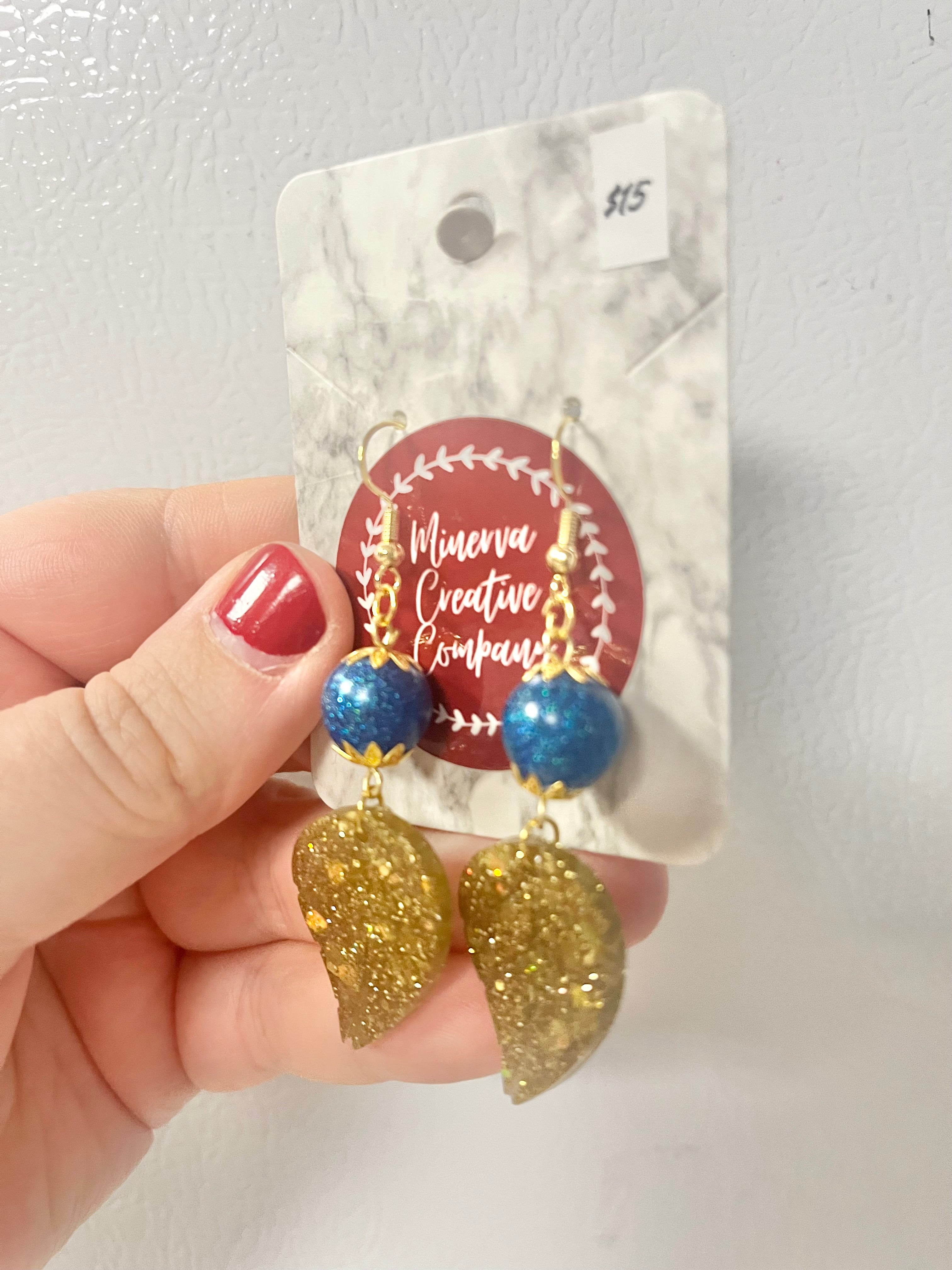 Blue and gold glitter leaf and bead earrings