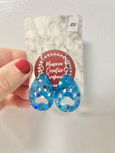 Blue holographic glitter paw print earrings