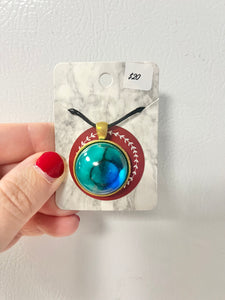 Green and blue circular cabochon pendant necklace