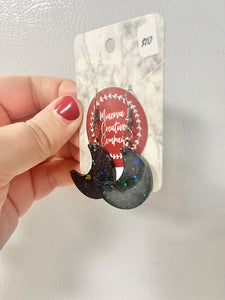 Black holographic glitter moon earrings