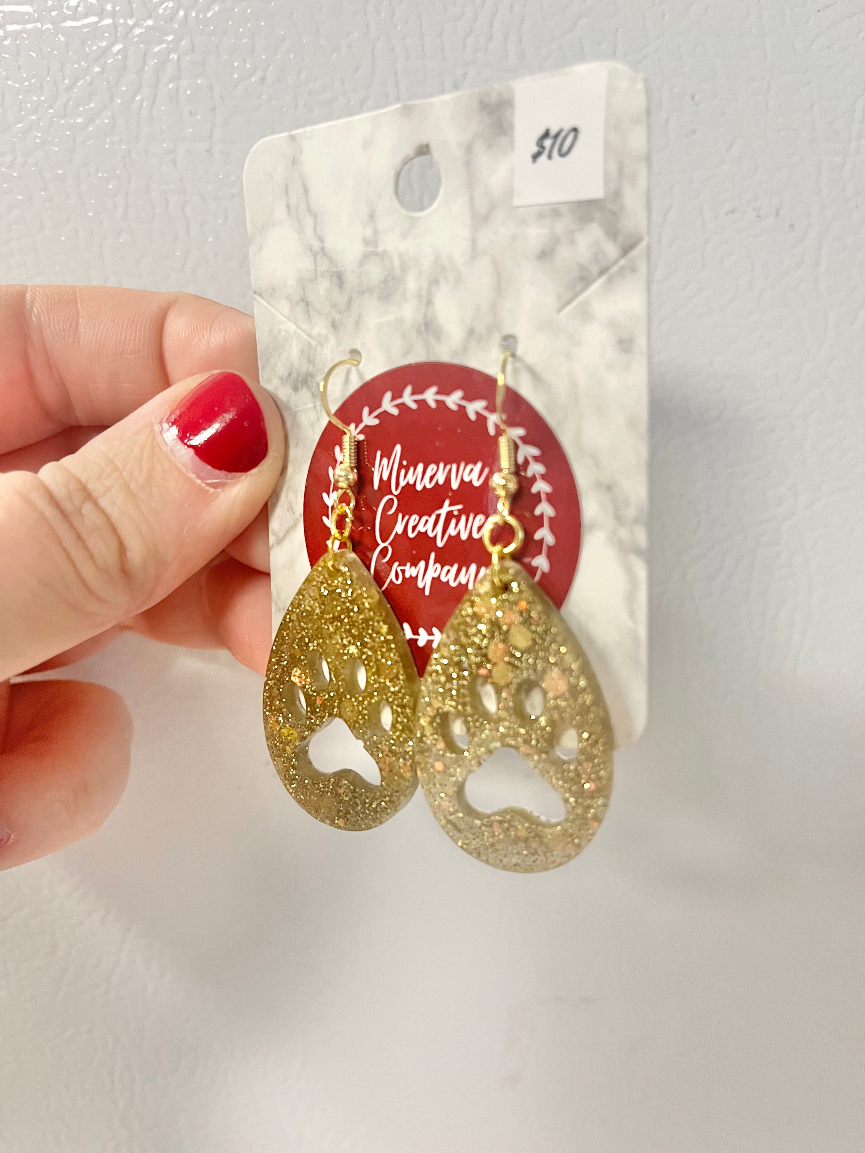 Antique gold holographic glitter paw print earrings