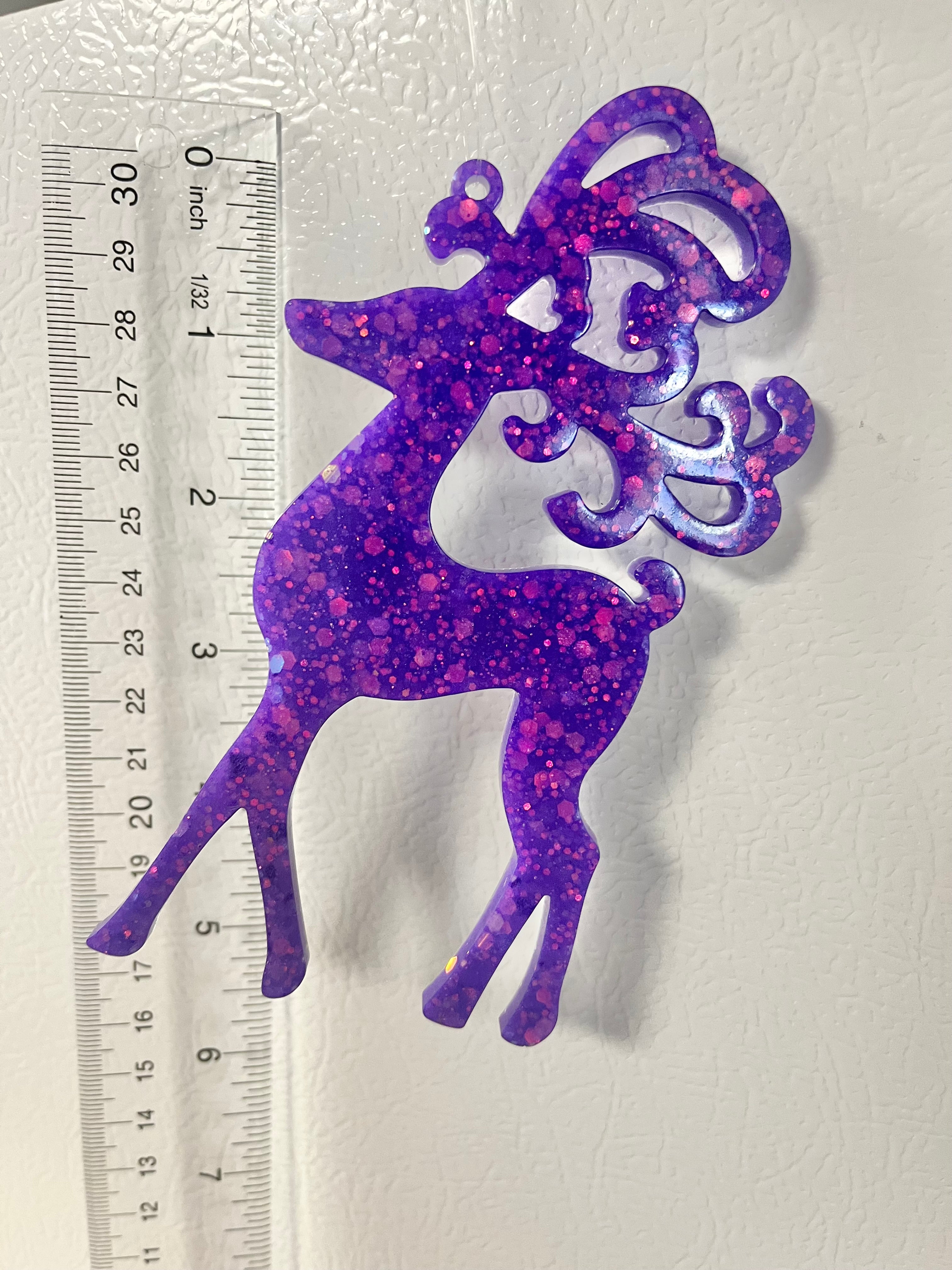 Purple holographic glitter reindeer ornament #1