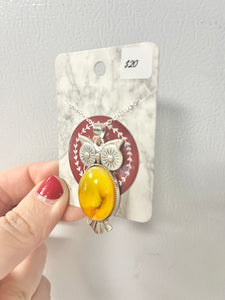 Yellow and silver owl pendant necklace