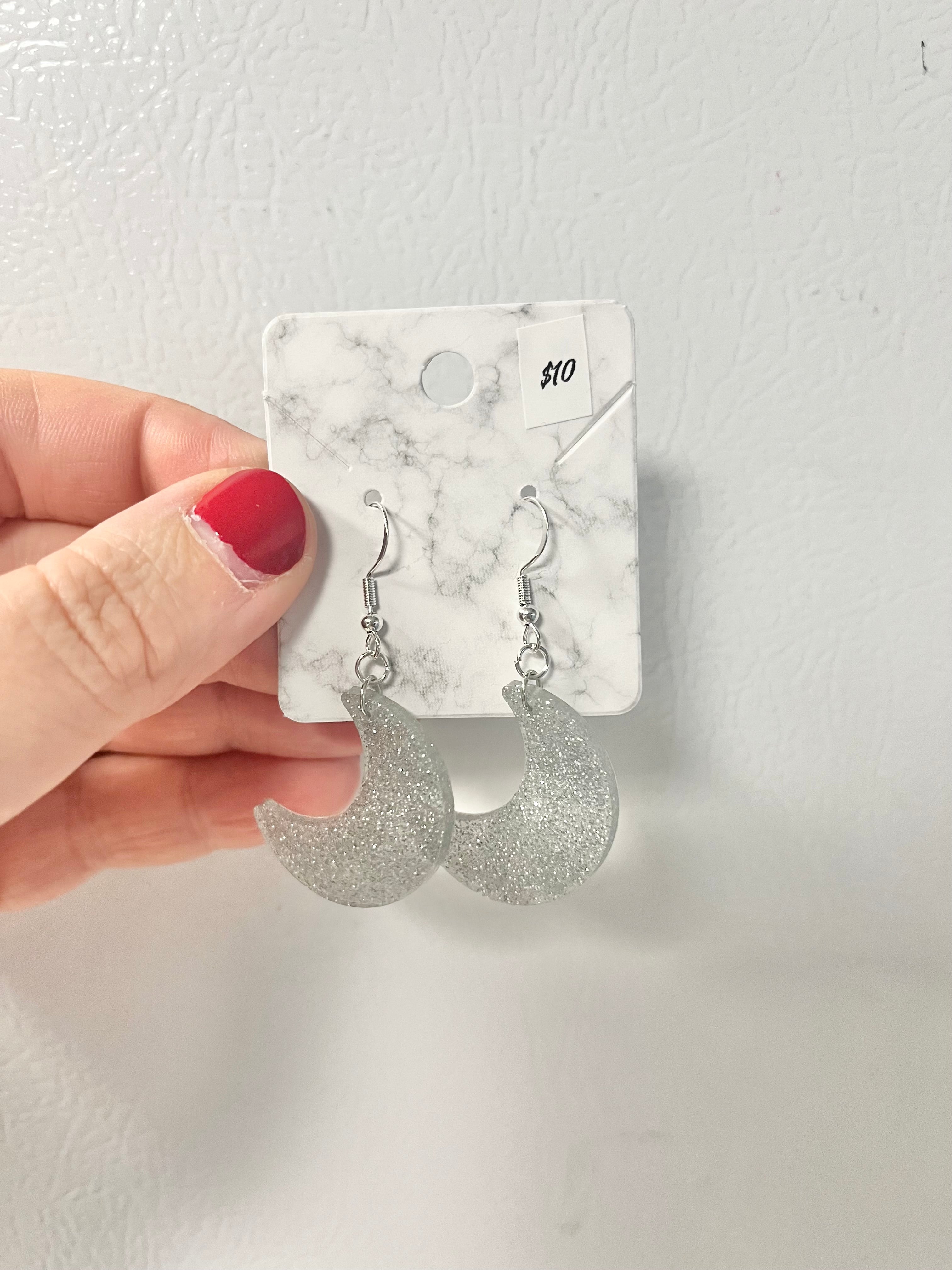 Silver glitter moon earrings