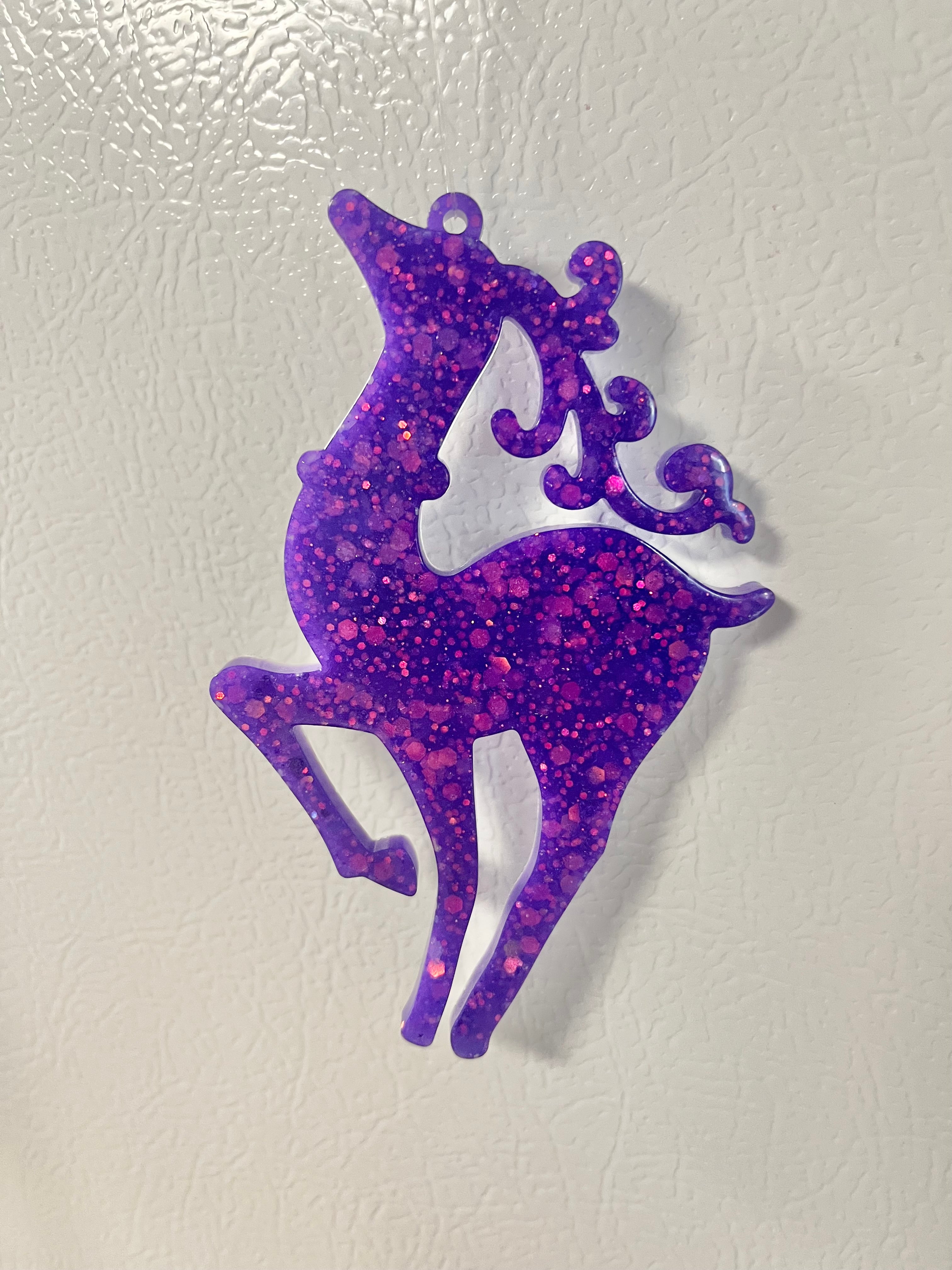 Purple holographic glitter reindeer ornament #3