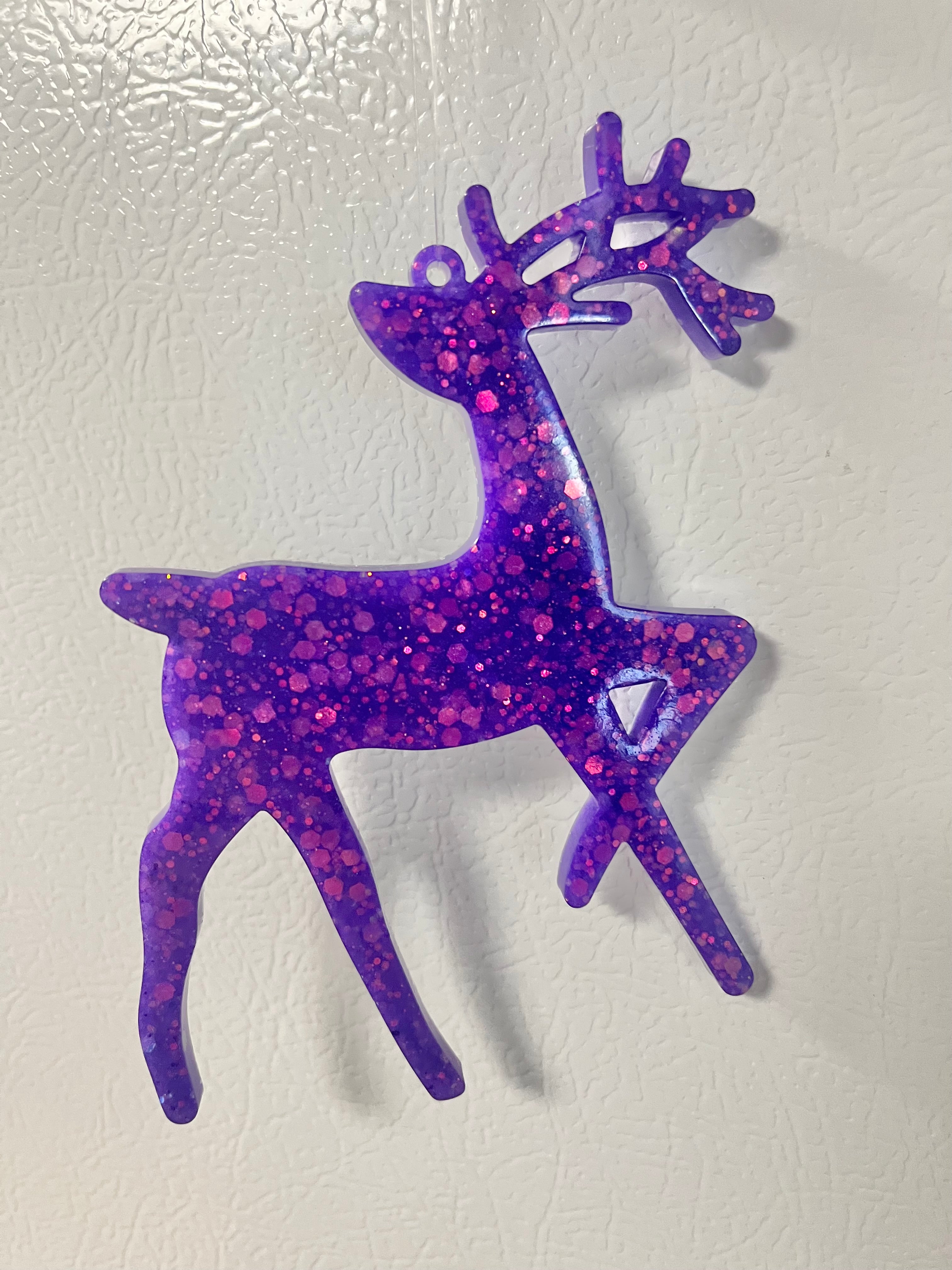 Purple holographic glitter reindeer ornament #2