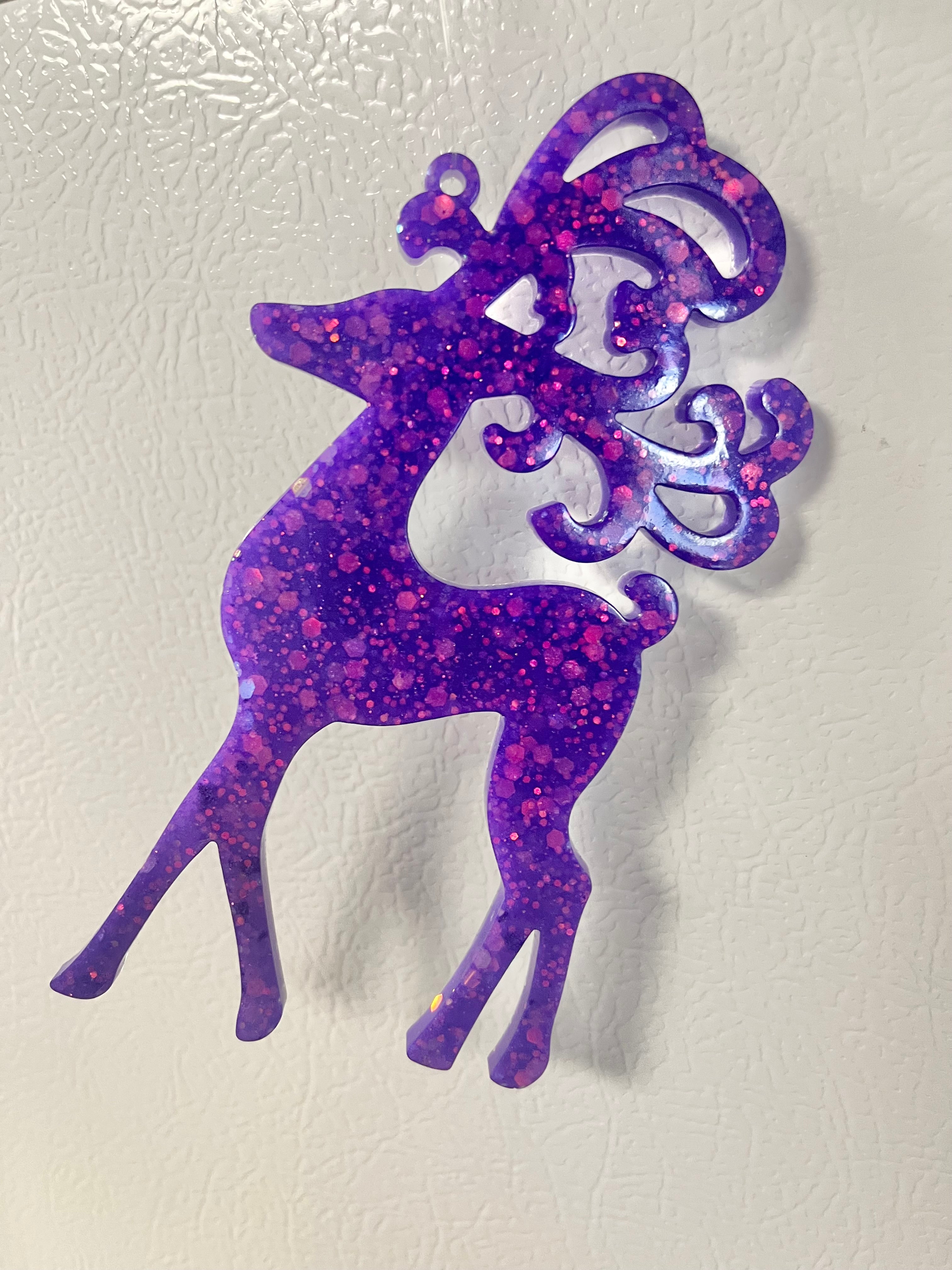 Purple holographic glitter reindeer ornament #1