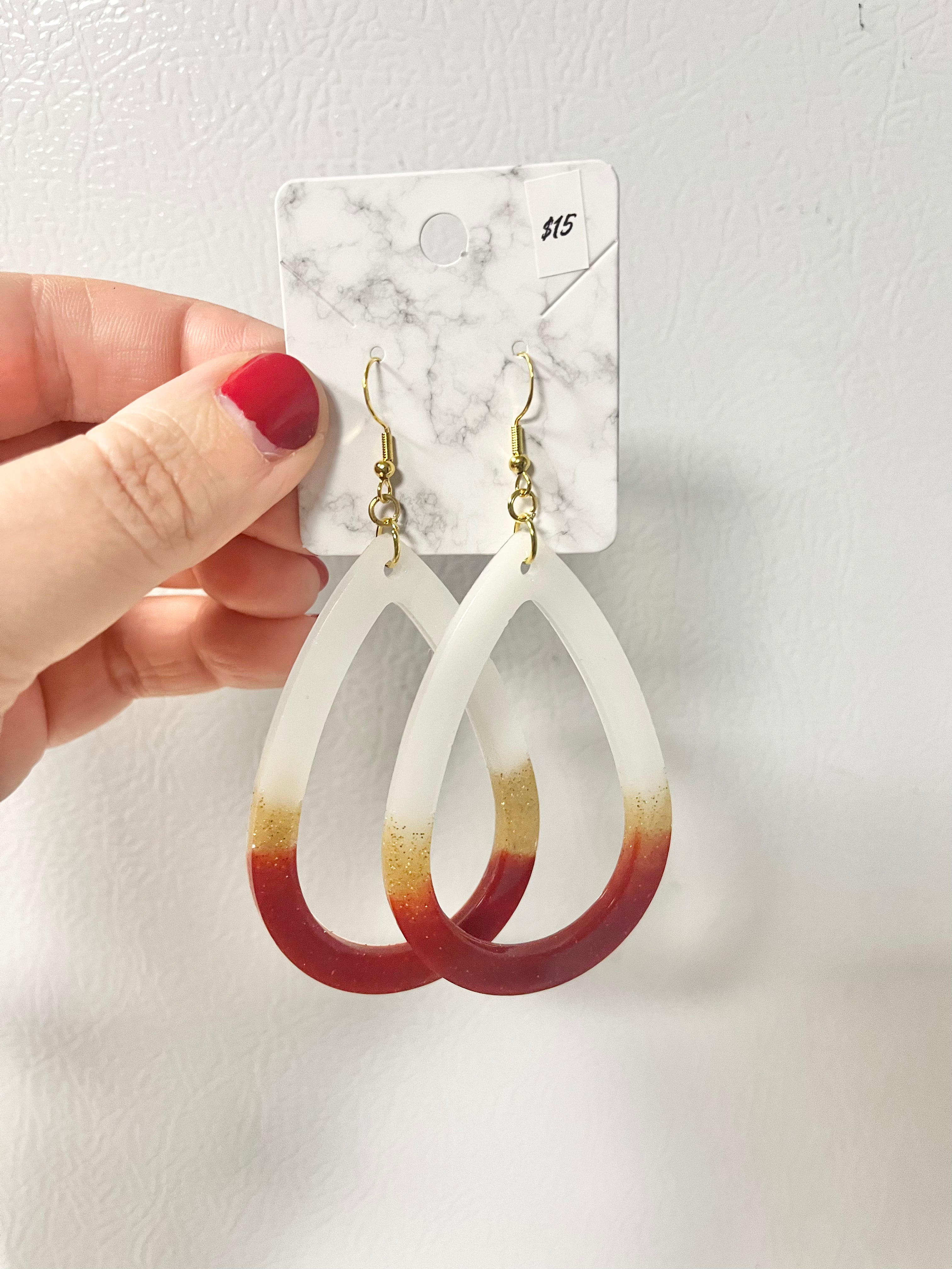 Red, white, and gold large teardrop earrings