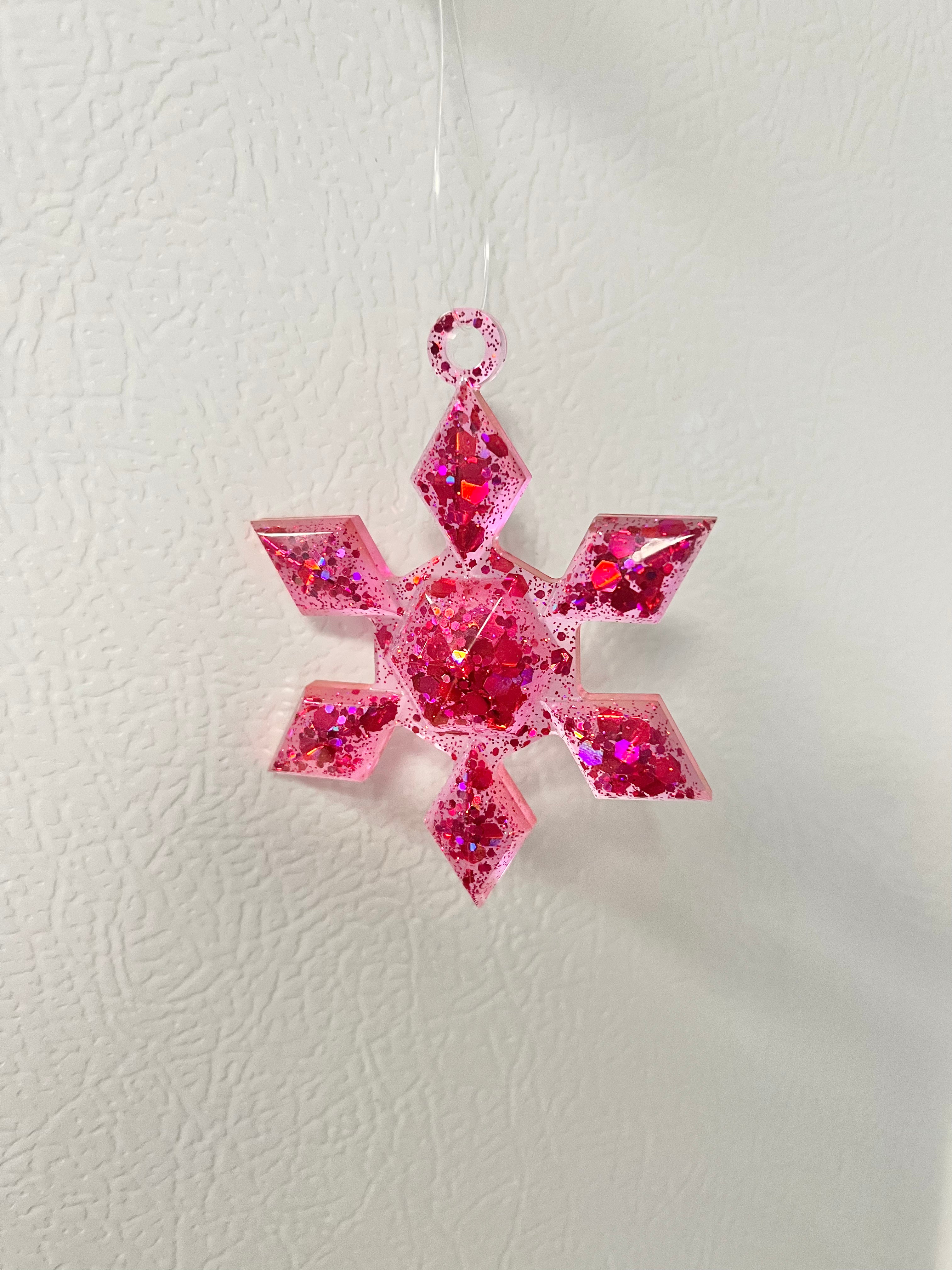 Pink holographic glitter snowflake ornament #1