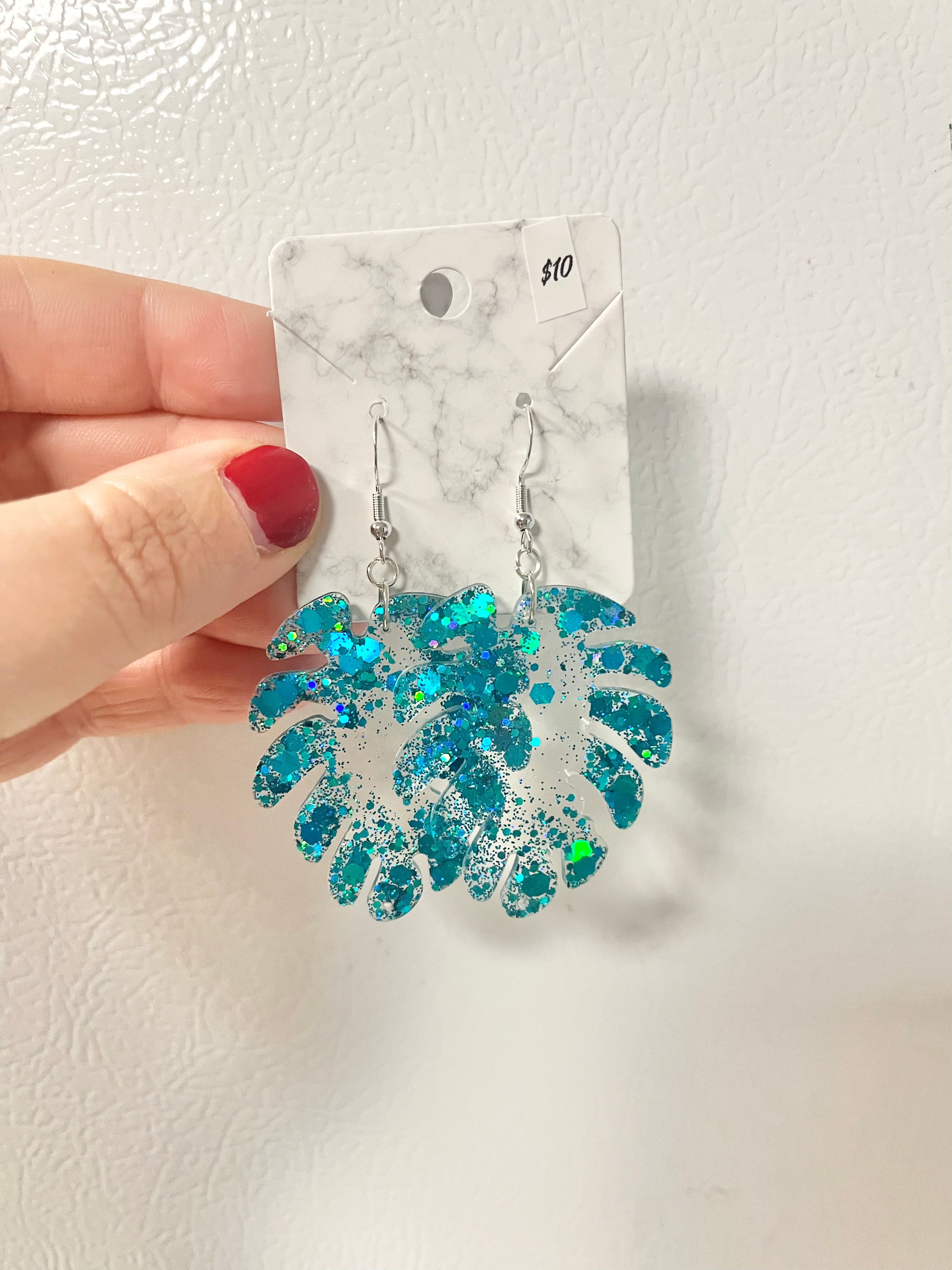 Teal holographic glitter monstera leaf earrings