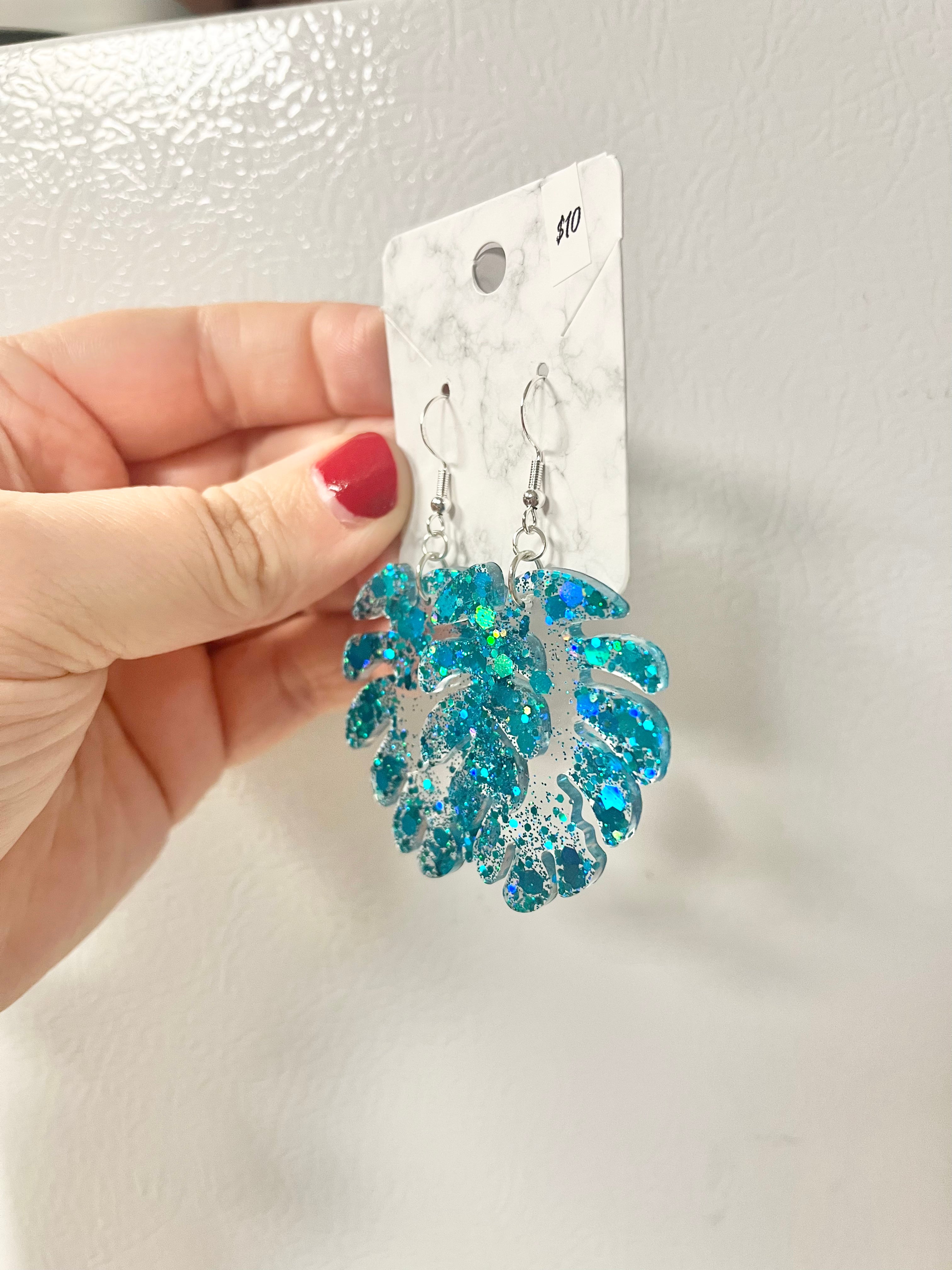 Teal holographic glitter monstera leaf earrings