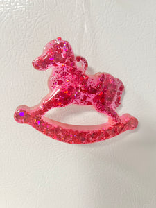 Pink holographic glitter rocking horse ornament