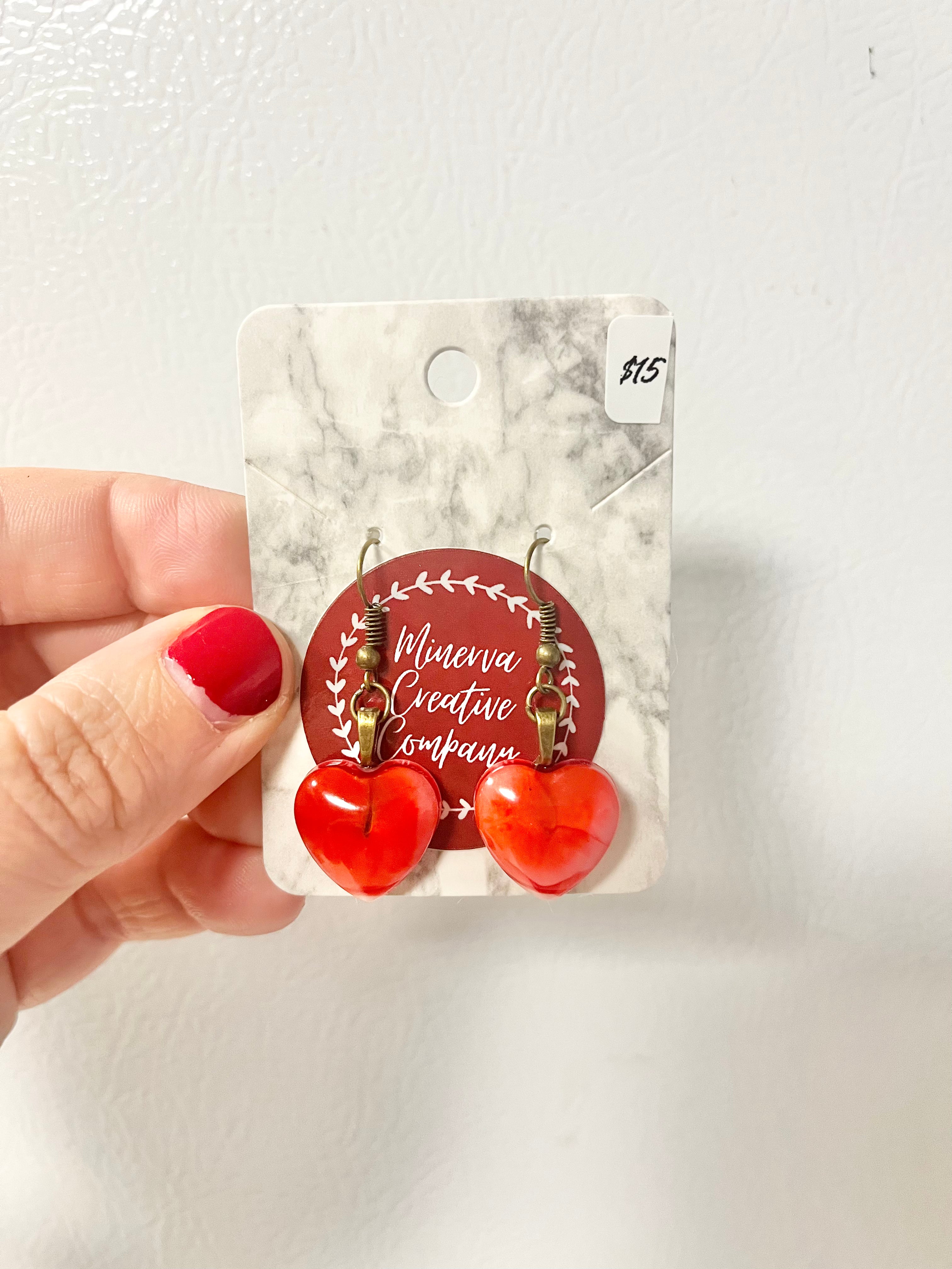 Bright red heart cabochon earrings