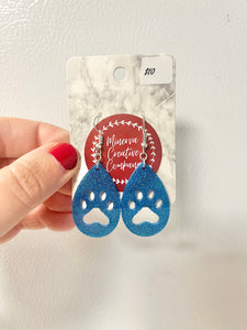 Blue glitter paw print earrings