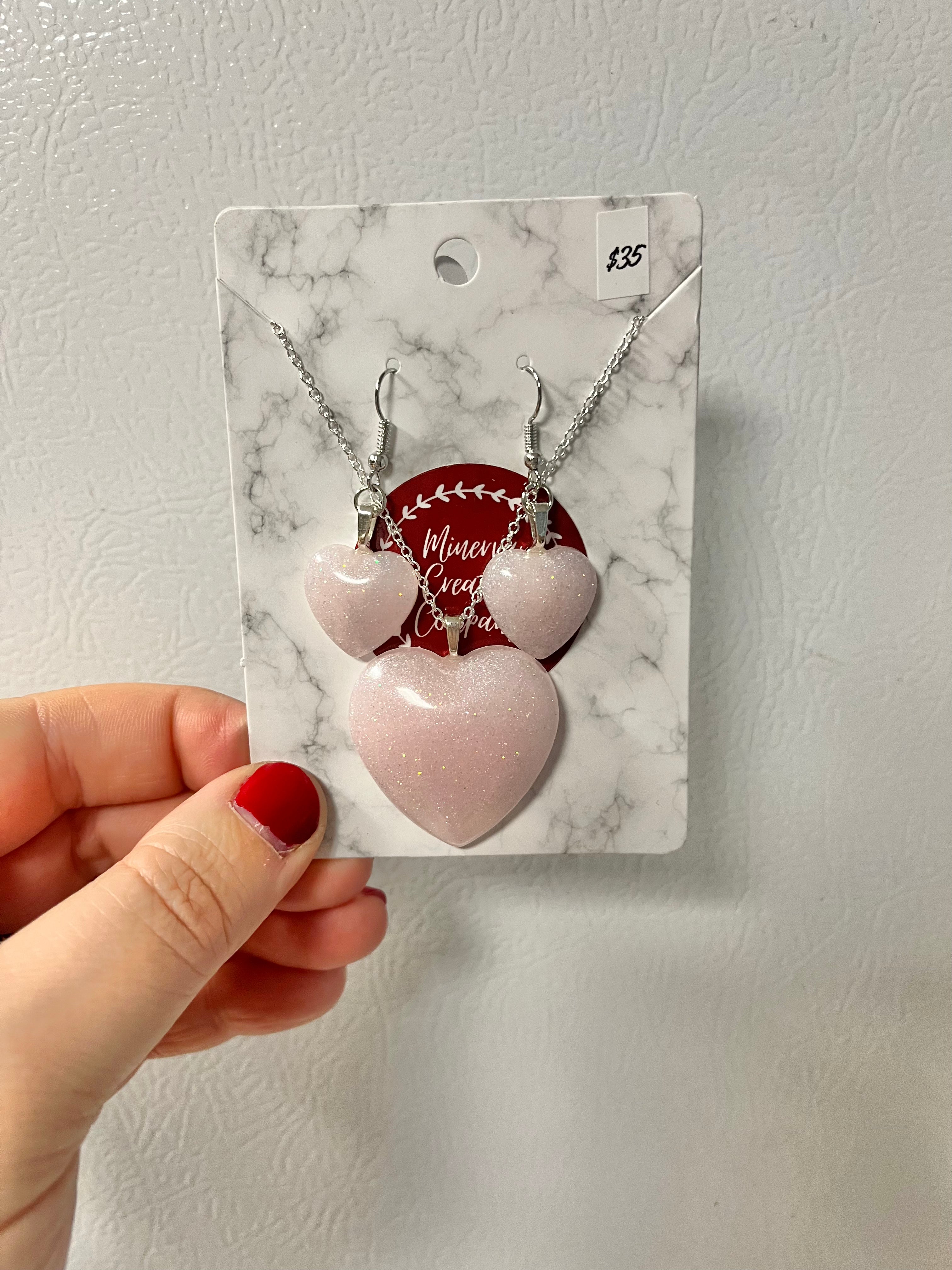 Pink heart necklace and earrings