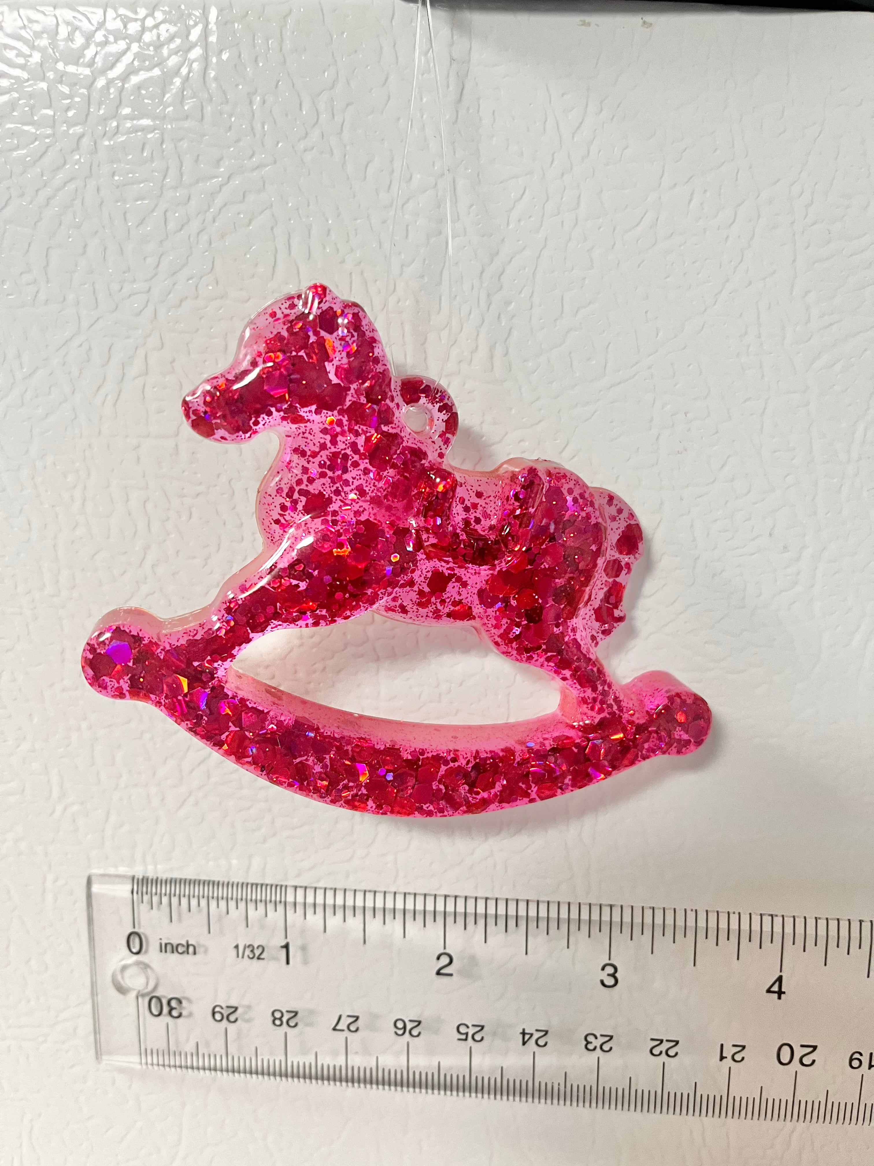 Pink holographic glitter rocking horse ornament