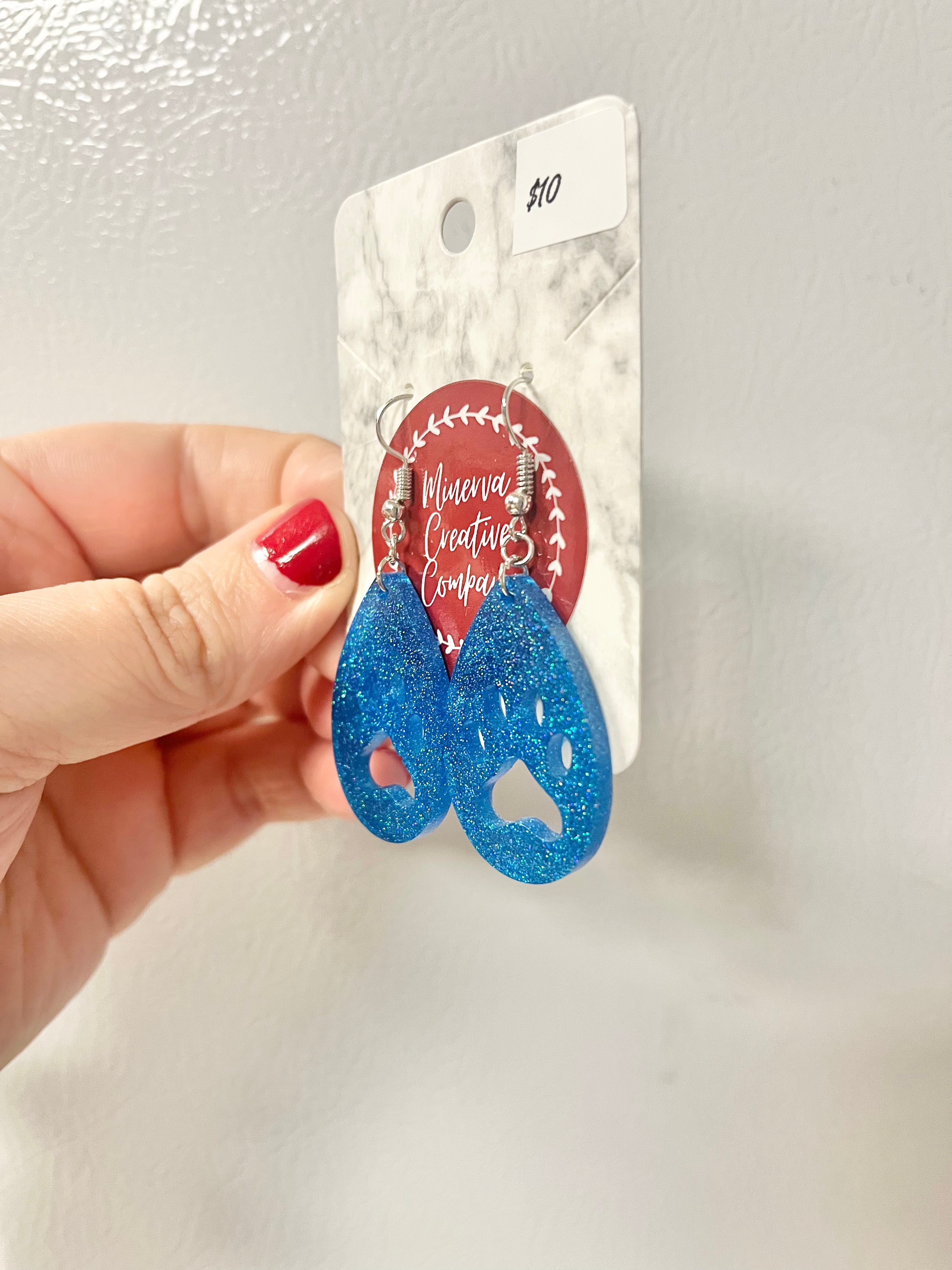 Blue glitter paw print earrings