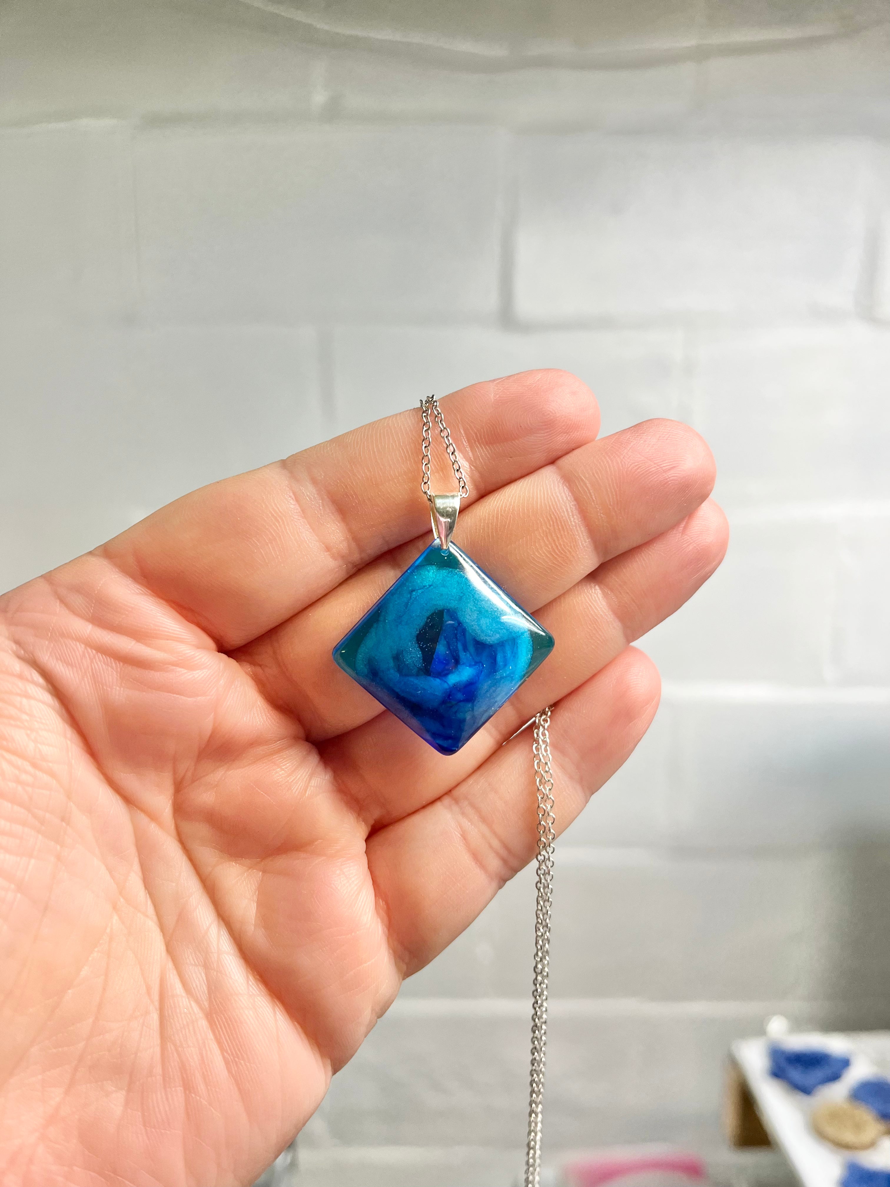 Blue square pendant necklace