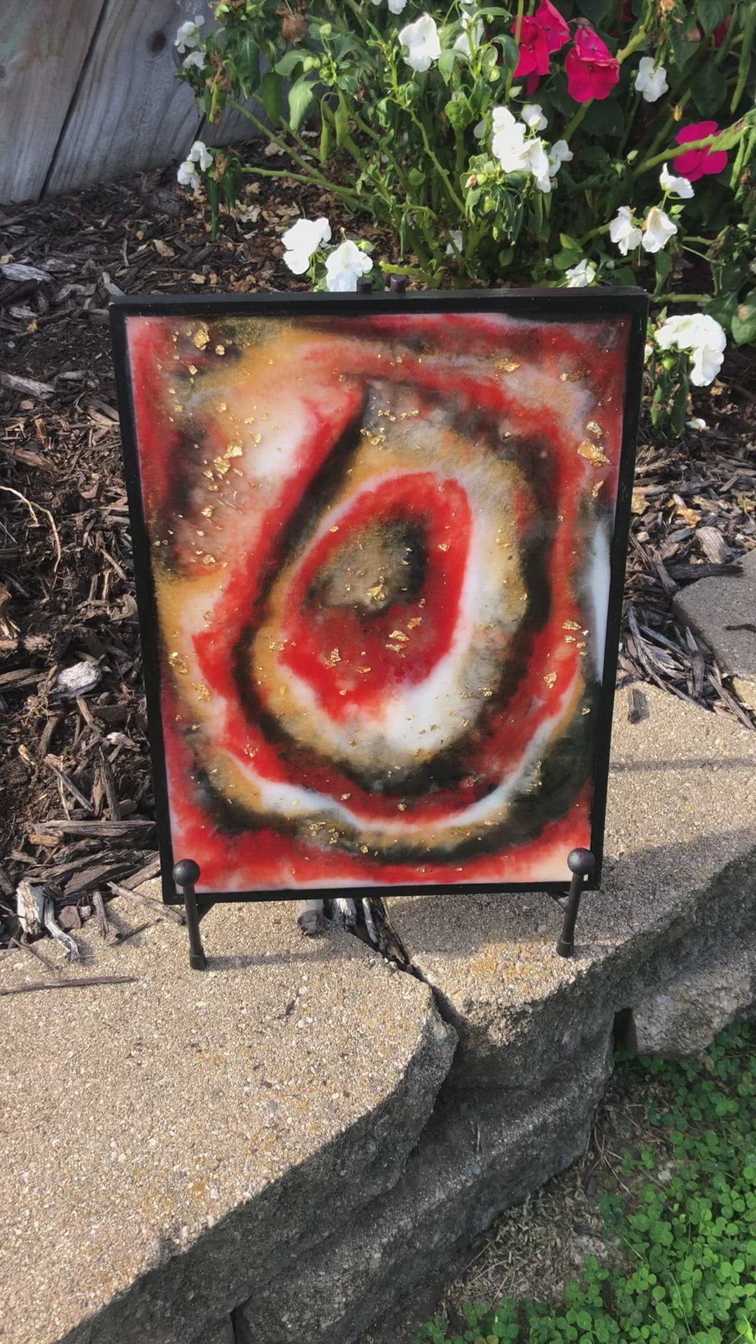 Red, black, and gold geode inspired resin painting