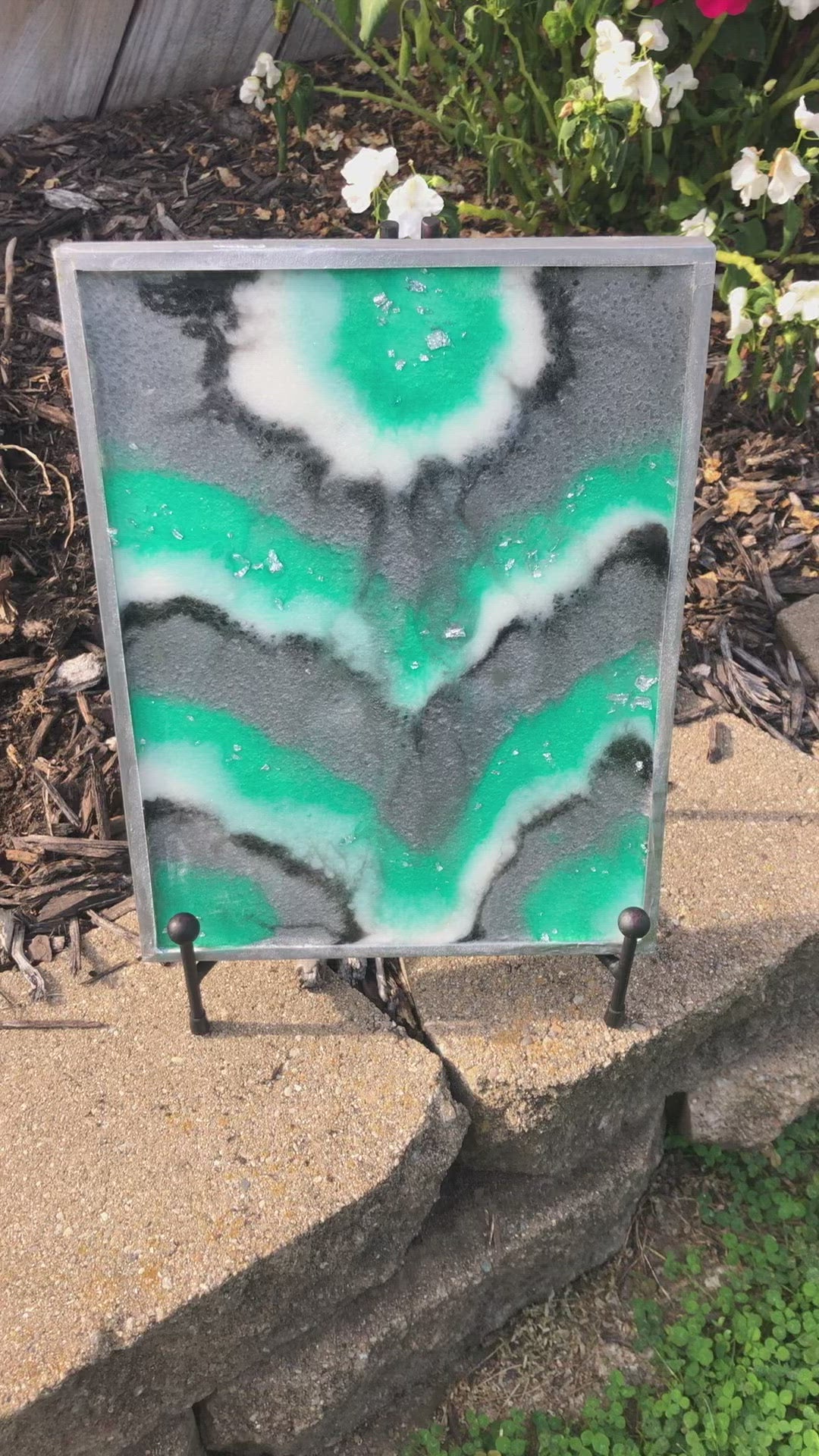 Green and silver geode inspired resin painting