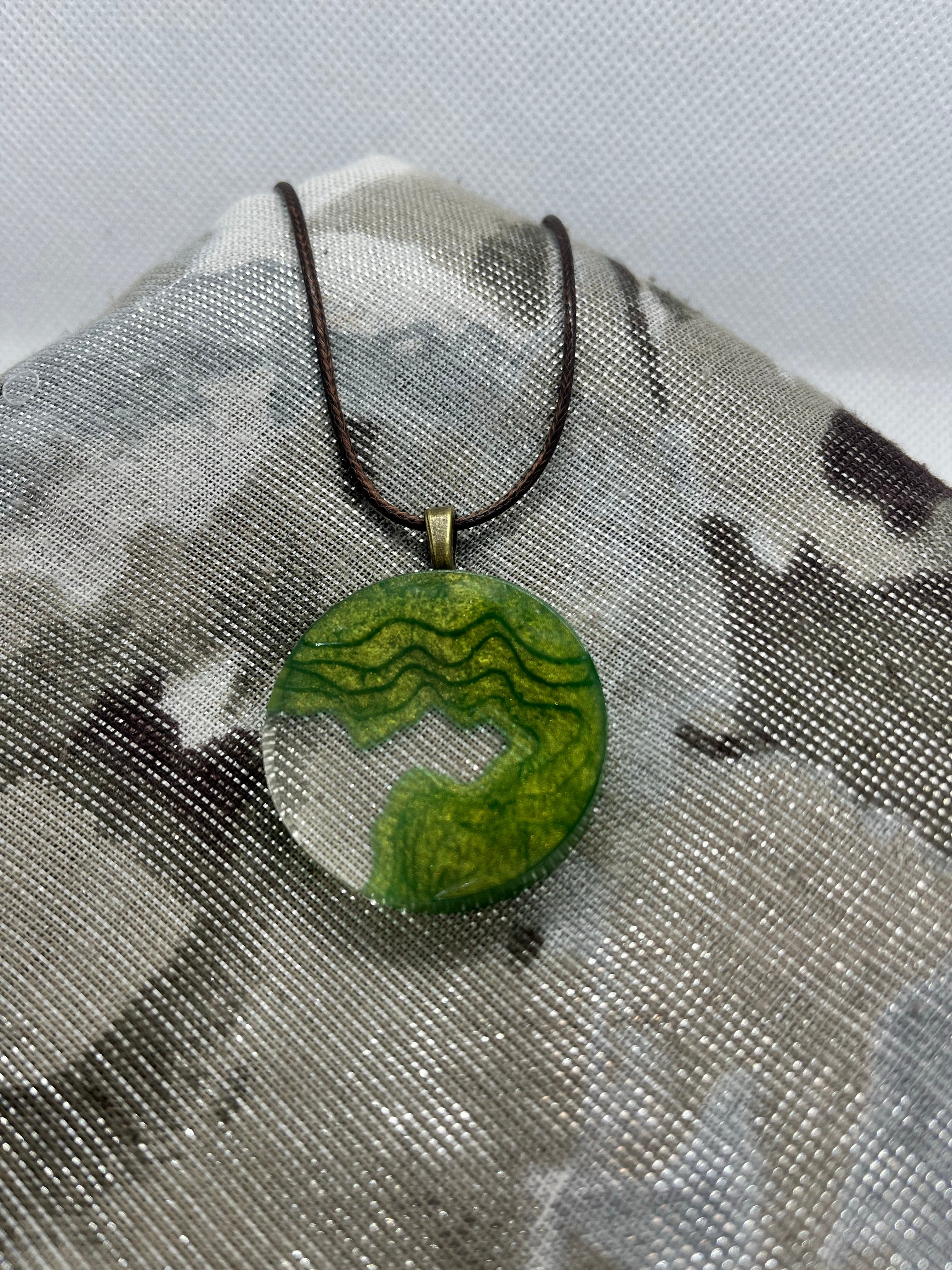 Forest green round landscape pendant necklace