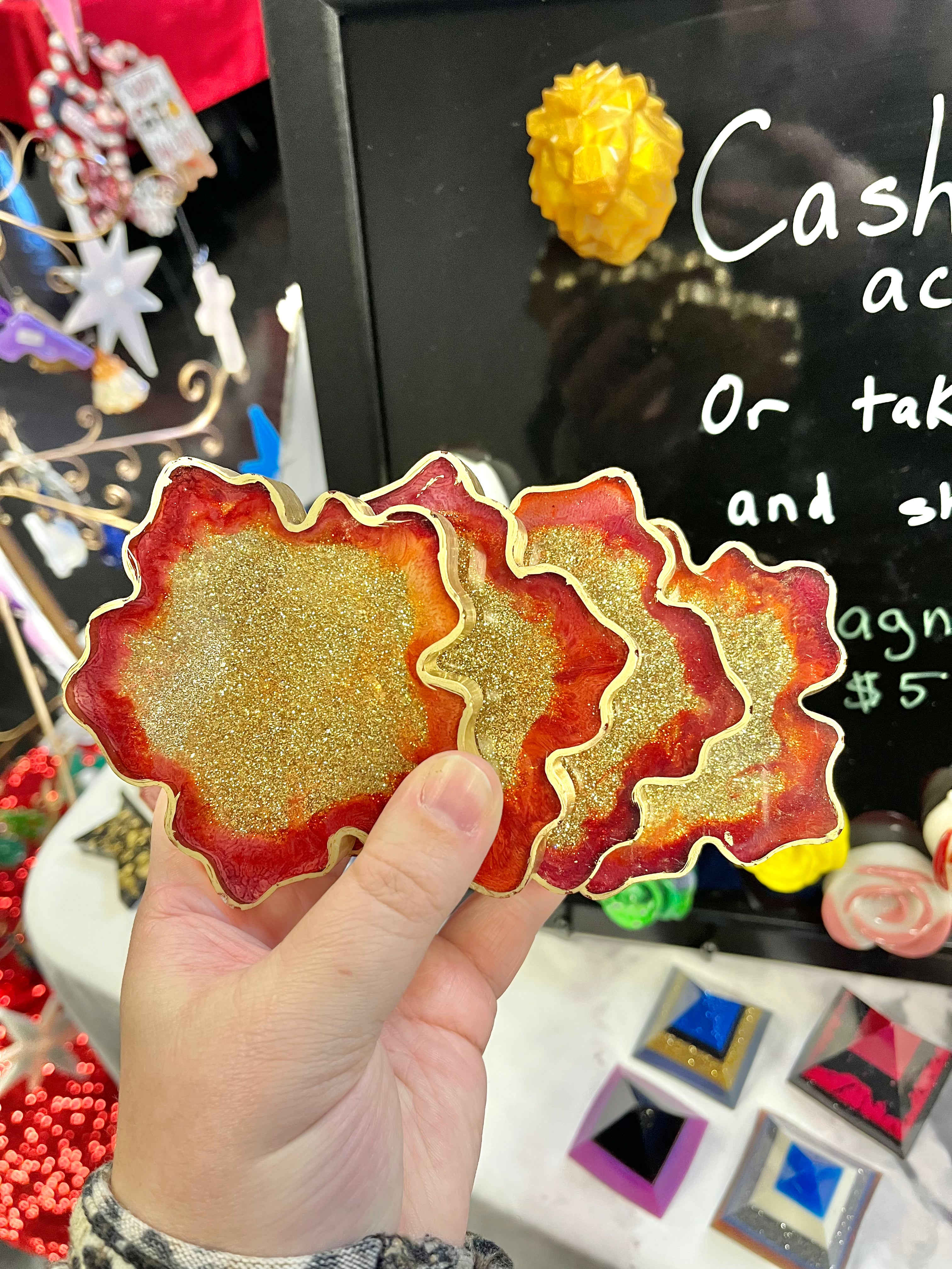 Red and gold glitter poinsettia coaster set