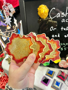 Red and gold glitter poinsettia coaster set