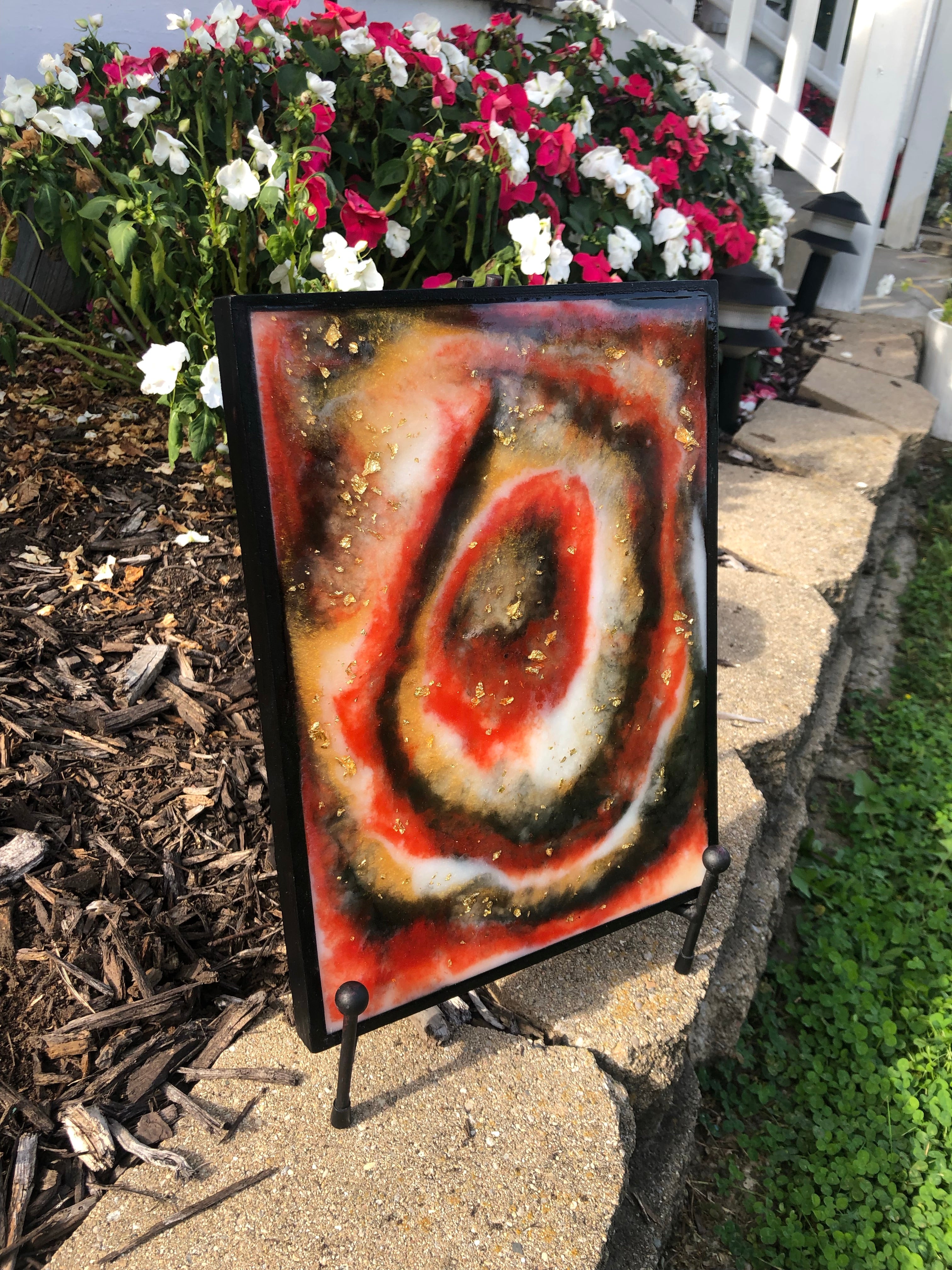 Red, black, and gold geode inspired resin painting