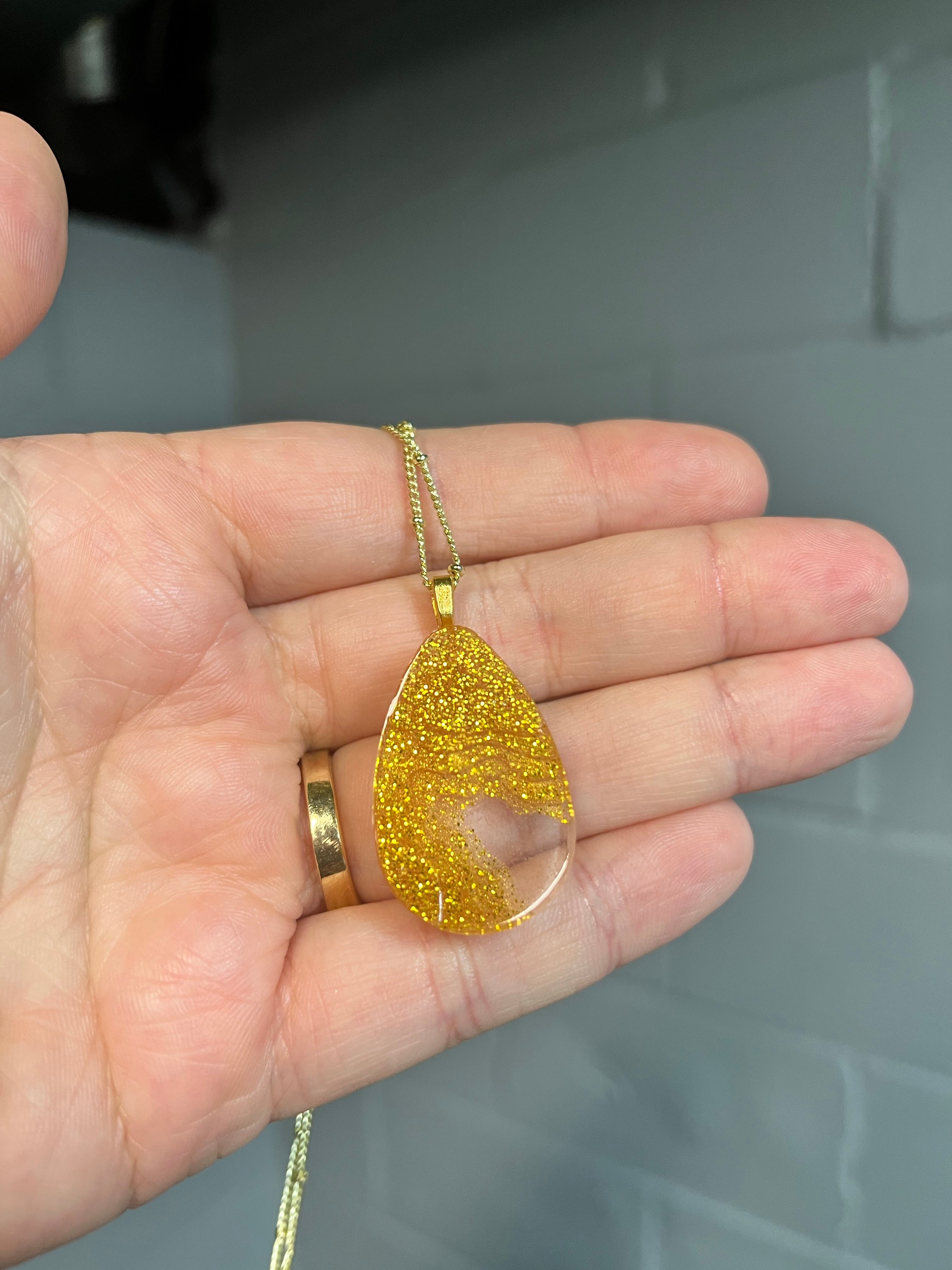 Bright gold teardrop landscape pendant necklace