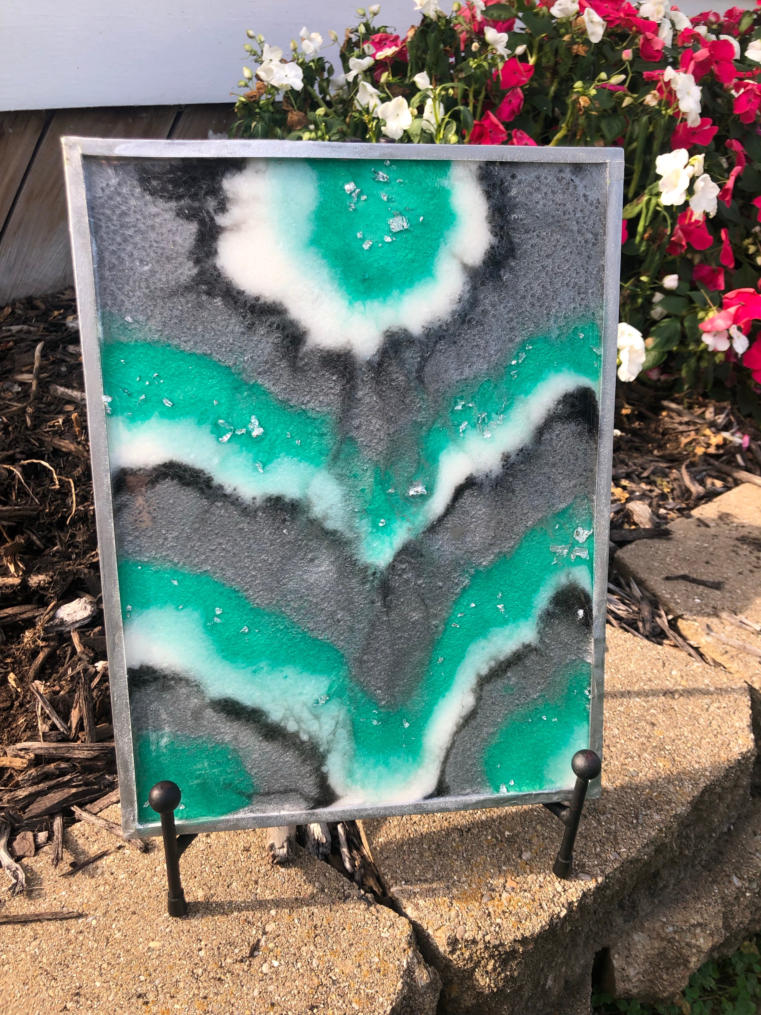 Green and silver geode inspired resin painting