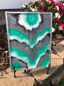 Green and silver geode inspired resin painting