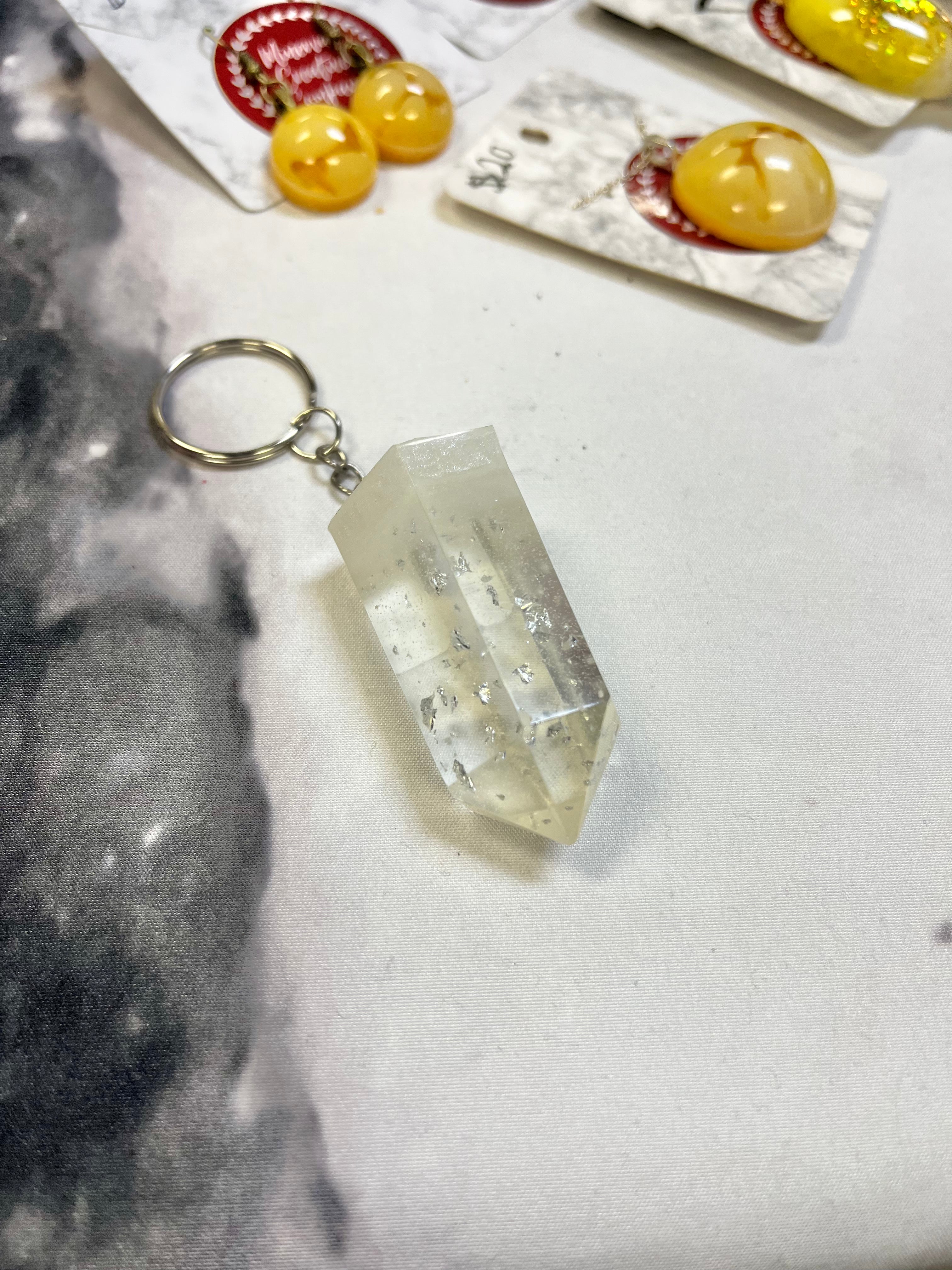 White and silver foil crystal inspired keychain